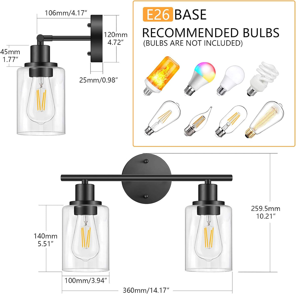 Two Light Black Vanity Lamp