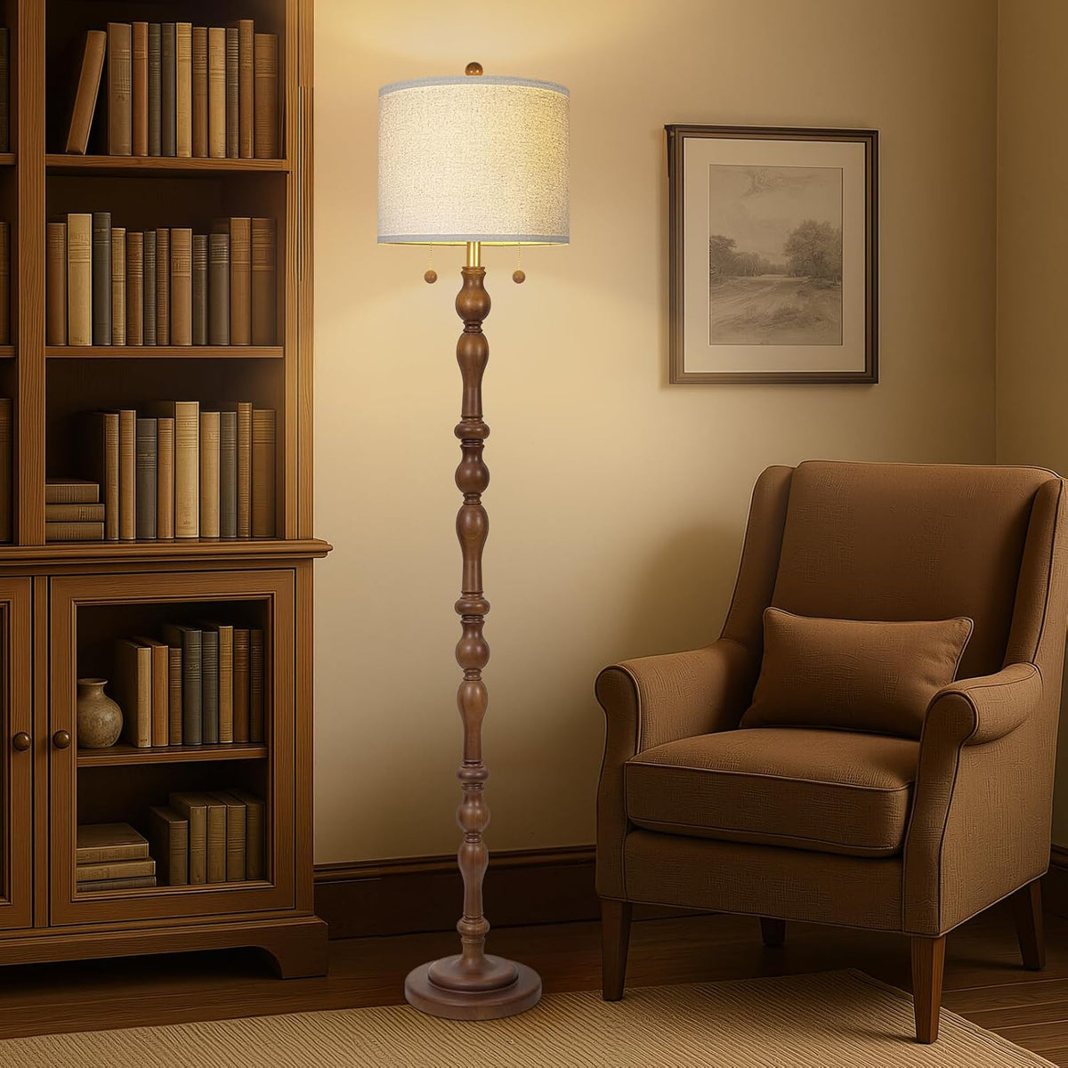 Dual Pull Chain Wood Floor Lamp