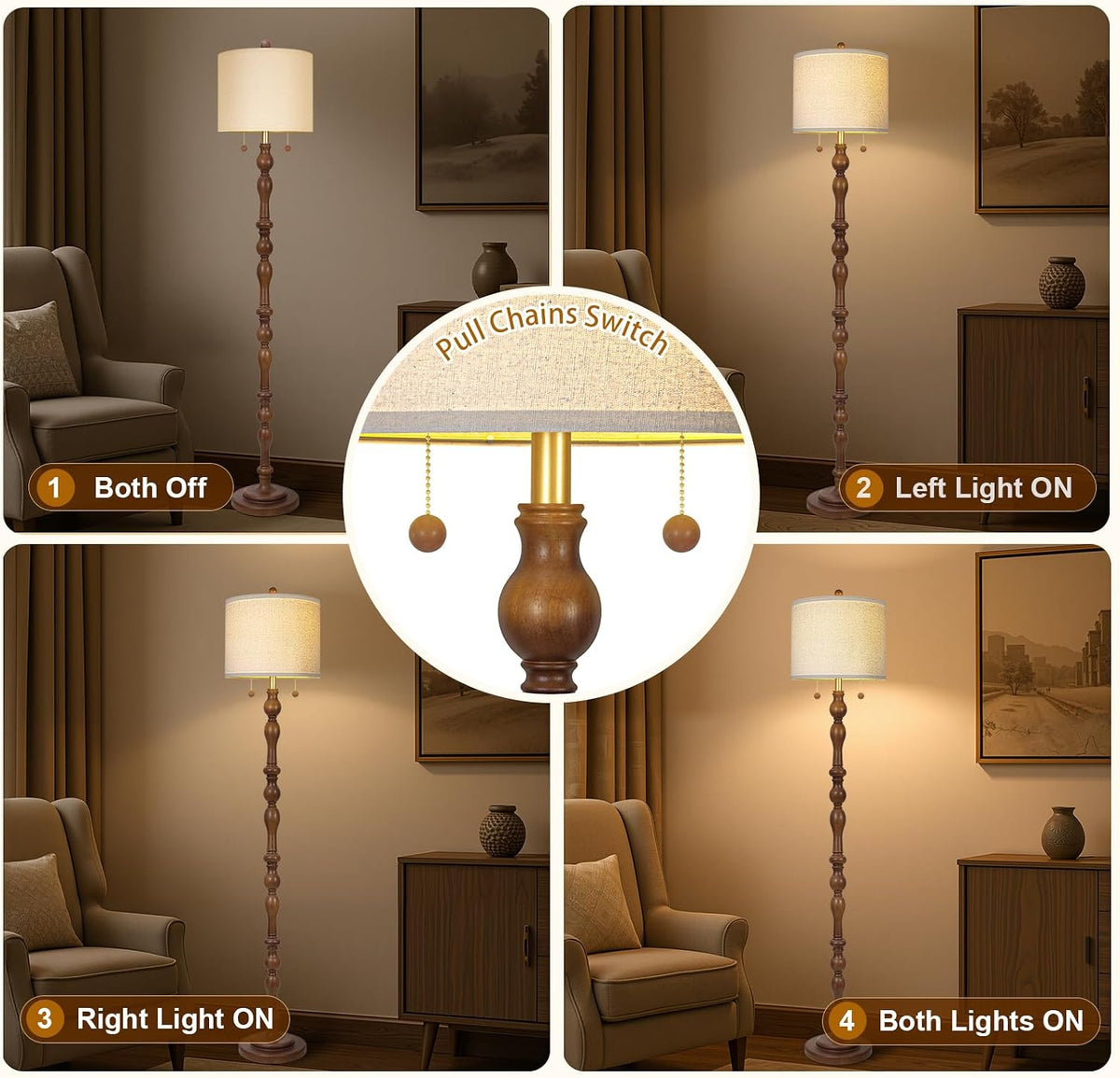 Dual Pull Chain Wood Floor Lamp
