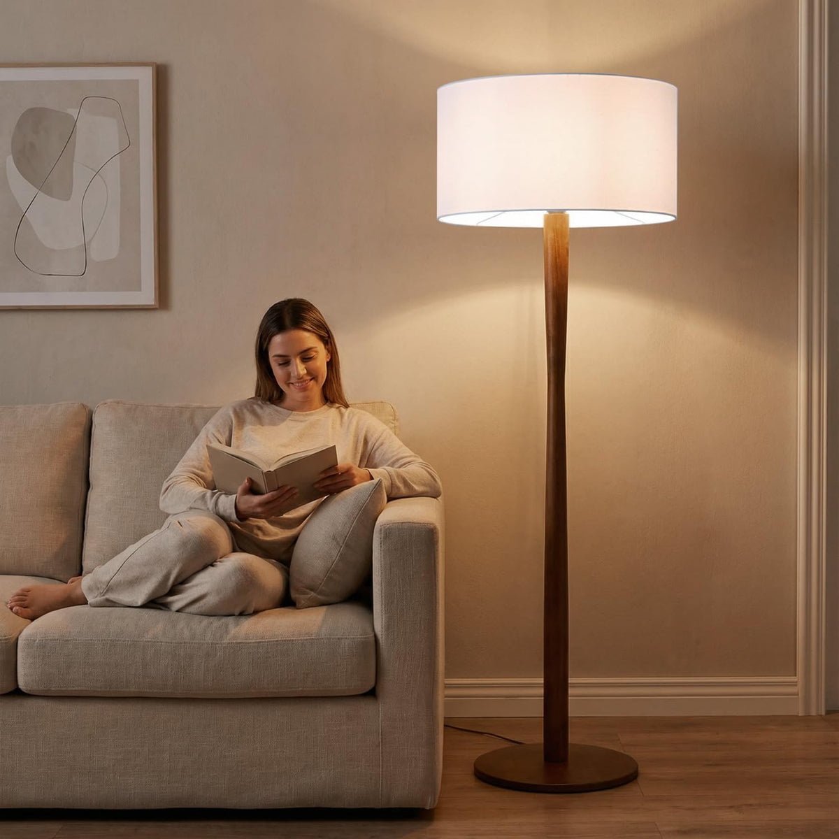 Walnut Linen Shade Floor Lamp