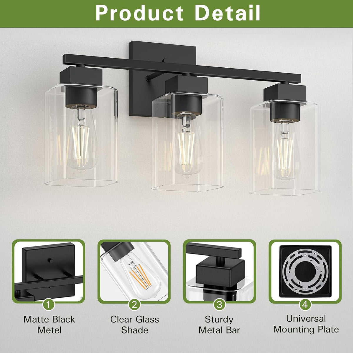 Three Light Black Vanity Lamp