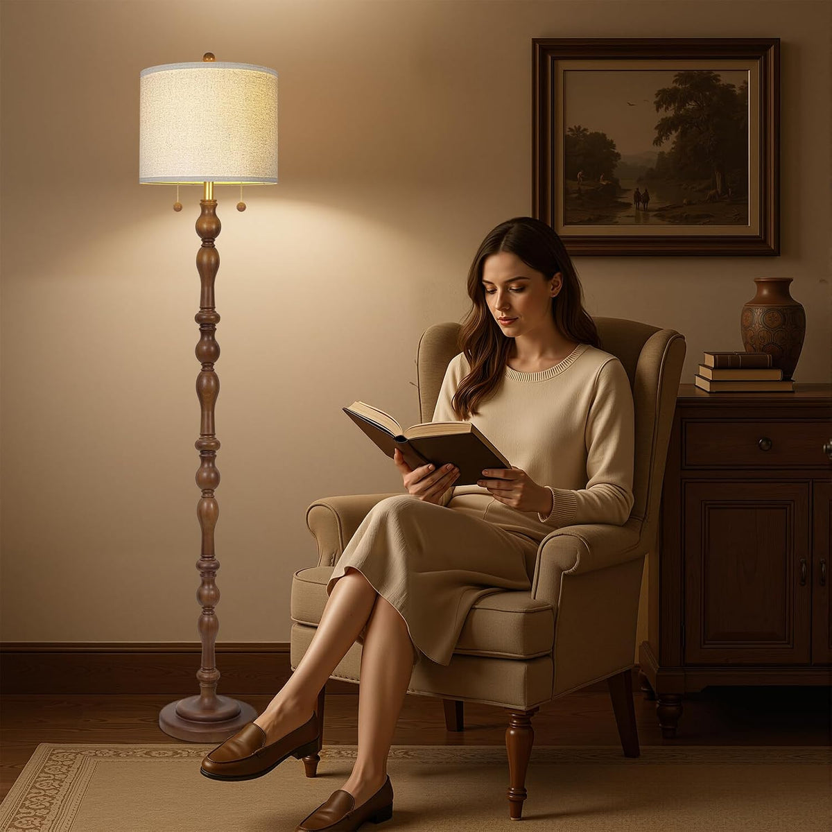 Dual Pull Chain Wood Floor Lamp