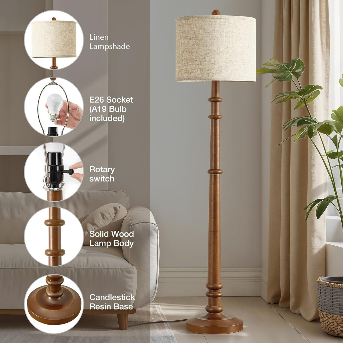 Wood Farmhouse Adjustable Floor Lamp