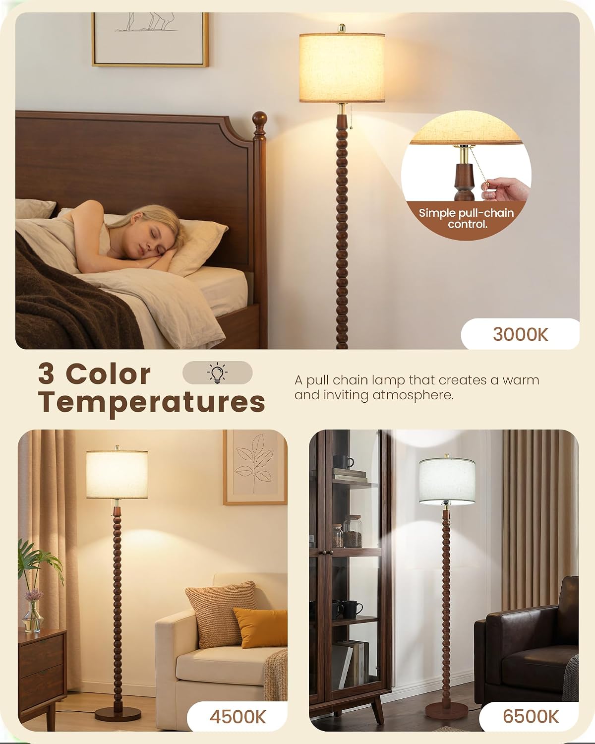 Vintage Wood Pull Chain Floor Lamp