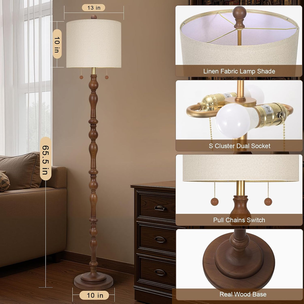 Dual Pull Chain Wood Floor Lamp