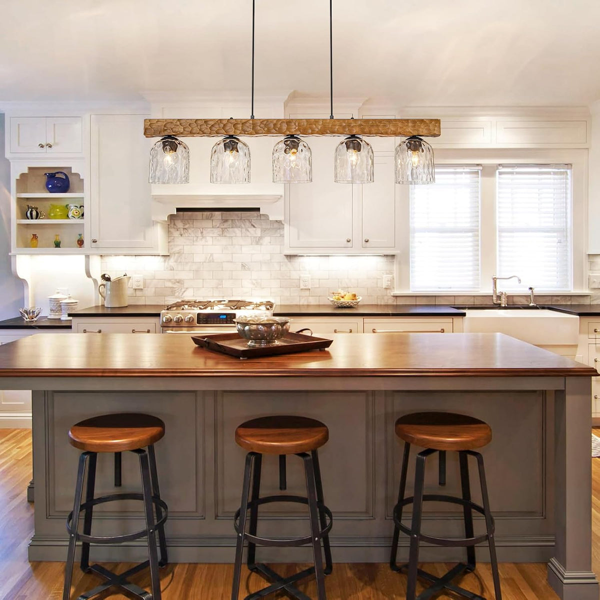 Wood Linear Five Light Pendant