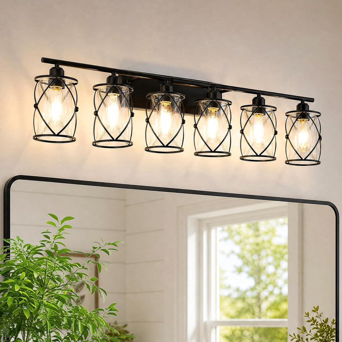 Six Black Cage Glass Lamp