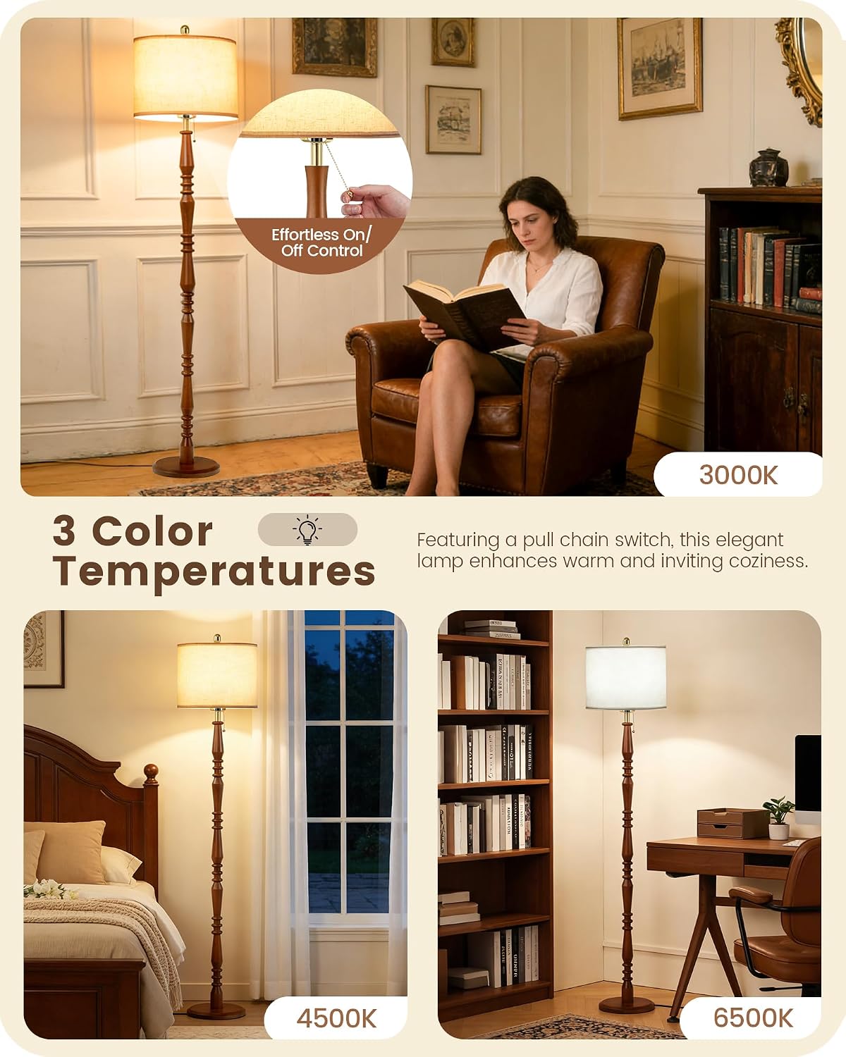 Oak Wood Pull Chain Floor Lamp