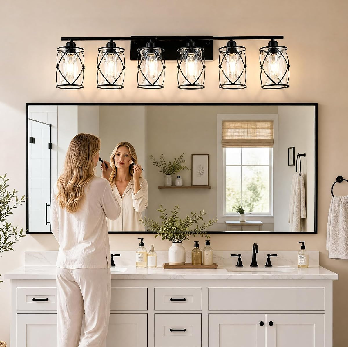 Six Black Cage Glass Lamp